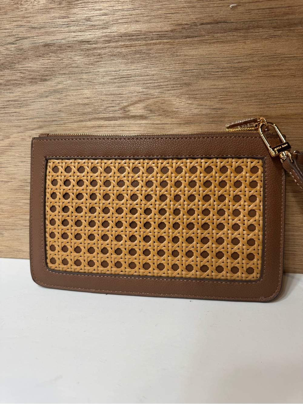 Anne Klein Tan and Brown Woven Rattan Wristlet Clutch